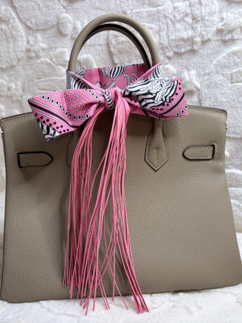 Trendy Fringe Handbag Wrap Accessory Scarf in Pink with Zebra Print